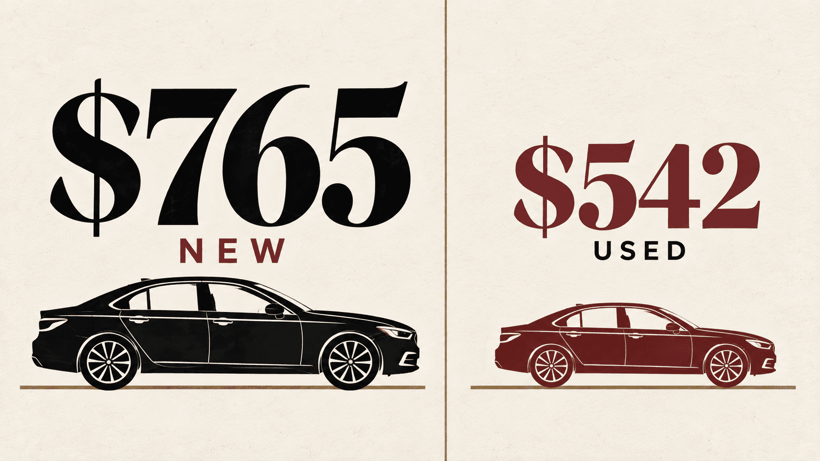 Editorial illustration comparing the average monthly car payment of $765 for a new car and $542 for a used car in the US